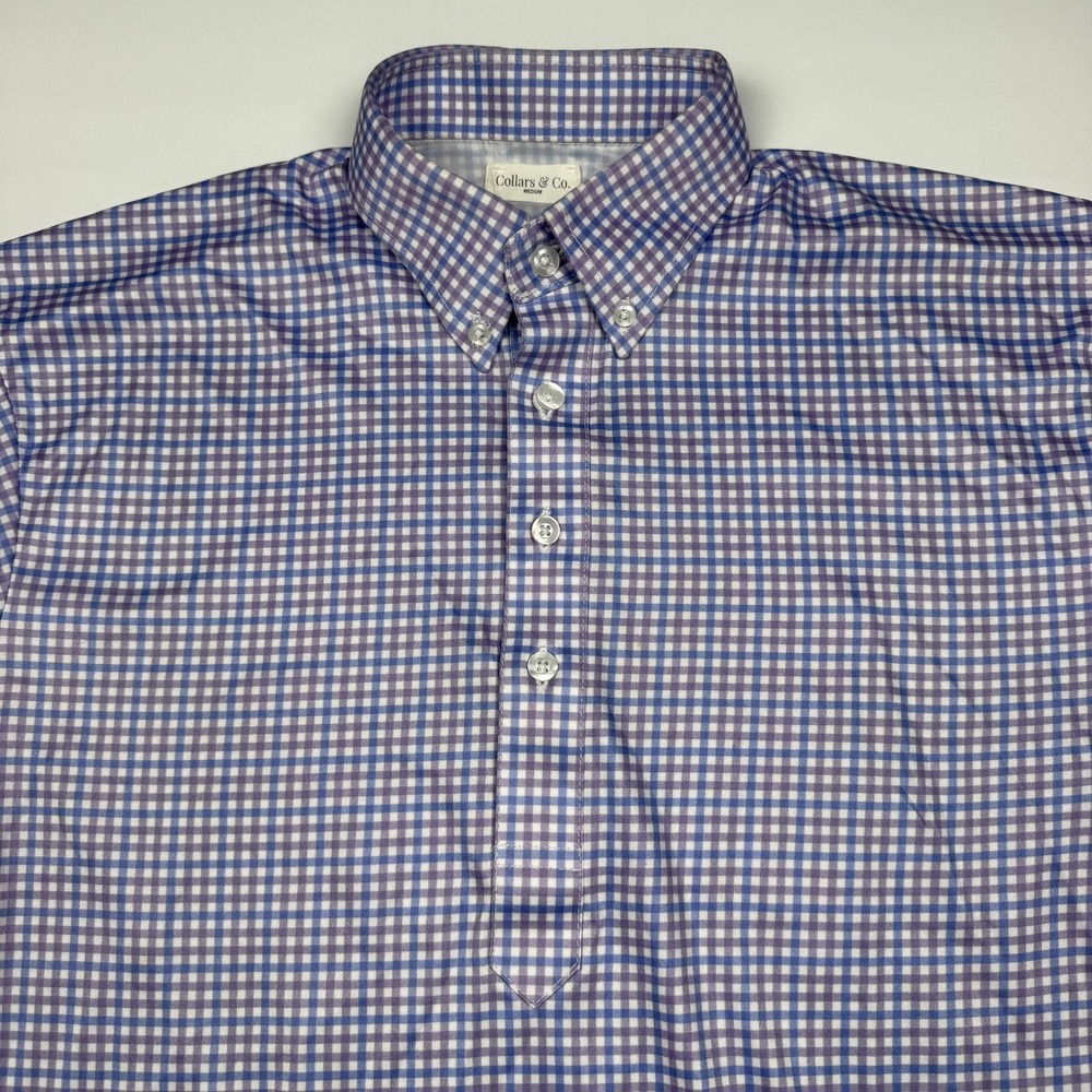 Collars & Co. Polo Shirt Mens Medium Blue Gingham Dress Collar Polo Lightweight